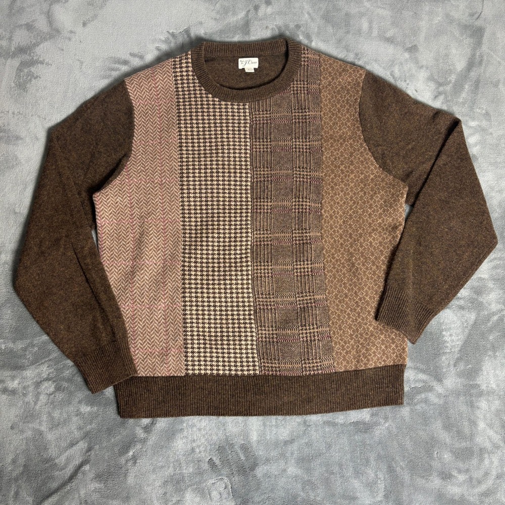 J.Crew Men's L Wool Colorblock Patchwork Sweater Herringbone Plaid Grandpacore